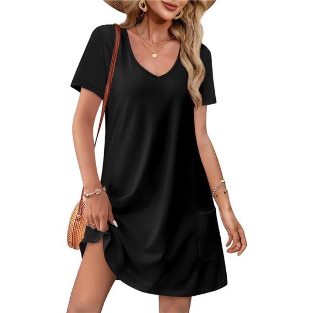 Summer Dresses for Women 2025 Loose V Neck Short Sleeve Casual T Shirt